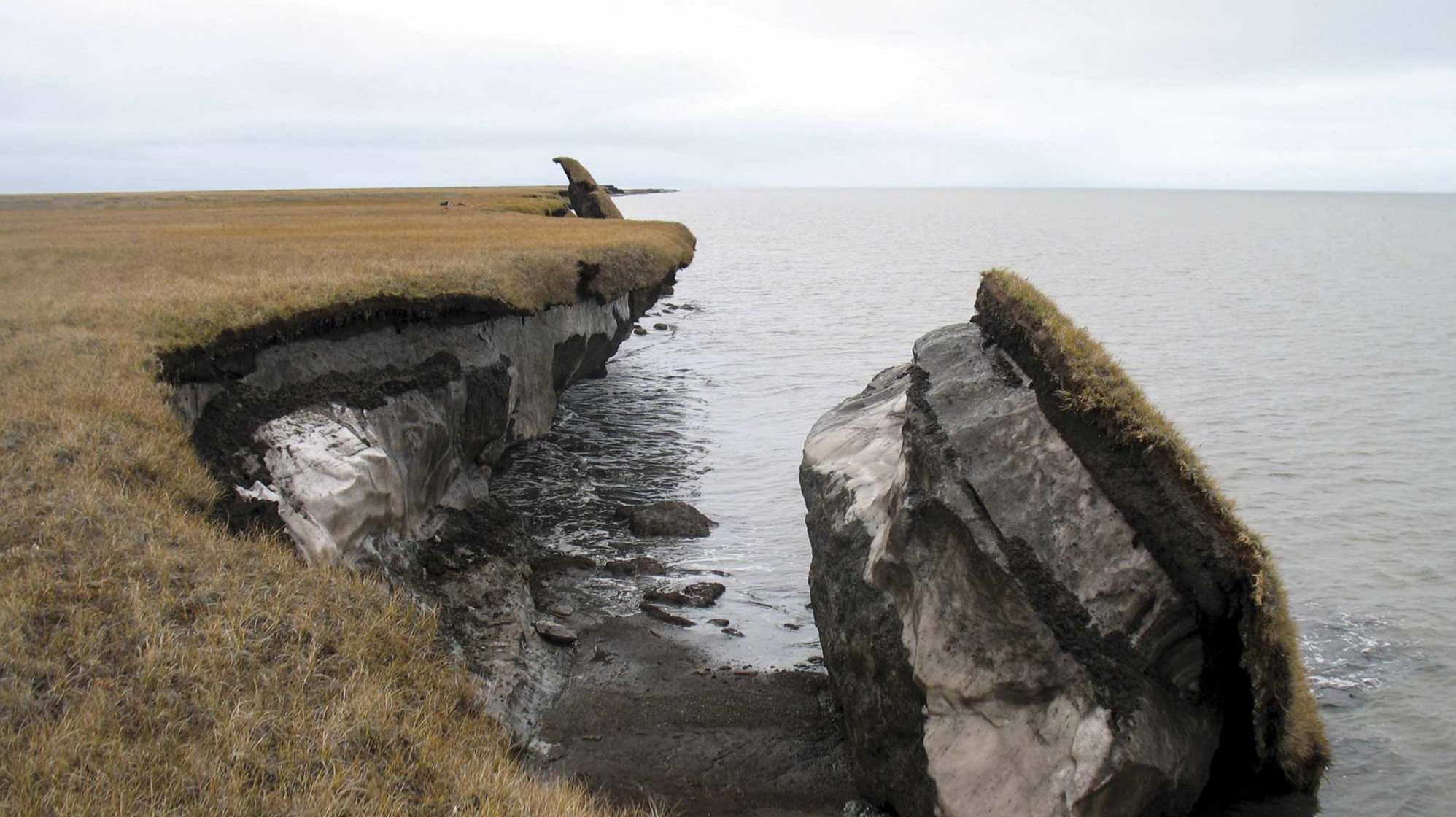 A collapsed block of ice-rich permafrost along Drew Point, Alaska. Coastal bluffs in this region can erode 20 meters/year (~65 feet). USGS scientists continually research the causes of major permafrost thaw and bluff retreat along the Arctic coast of Alaska. In addition, with the loss of sea ice to protect the beaches from ocean waves, salt water inundates the coastal habitats. Benjamin Jones/USGS. Public domain.