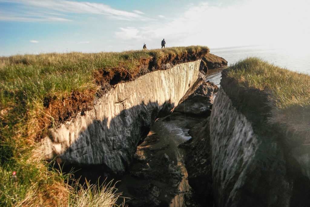 Coastal erosion reveals the extent of ice-rich permafrost underlying active layer on the Arctic Coastal Plain in the Teshekpuk Lake Special Area of the National Petroleum Reserve - Alaska. Credit: Brandt Meixell, USGS