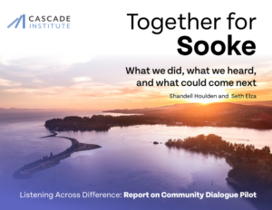 Cover of the community brief Together for Sooke, with an aerial photo of the Sooke coastline at sunset.