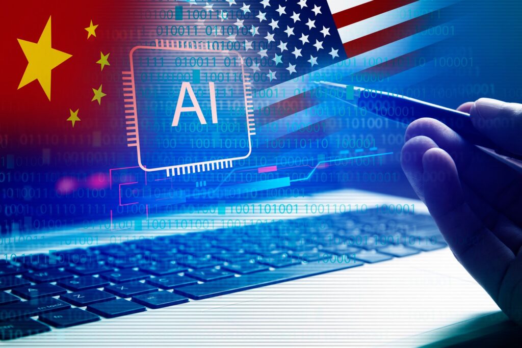 Chinese and American flags blended behind a glowing AI chip graphic over a laptop keyboard