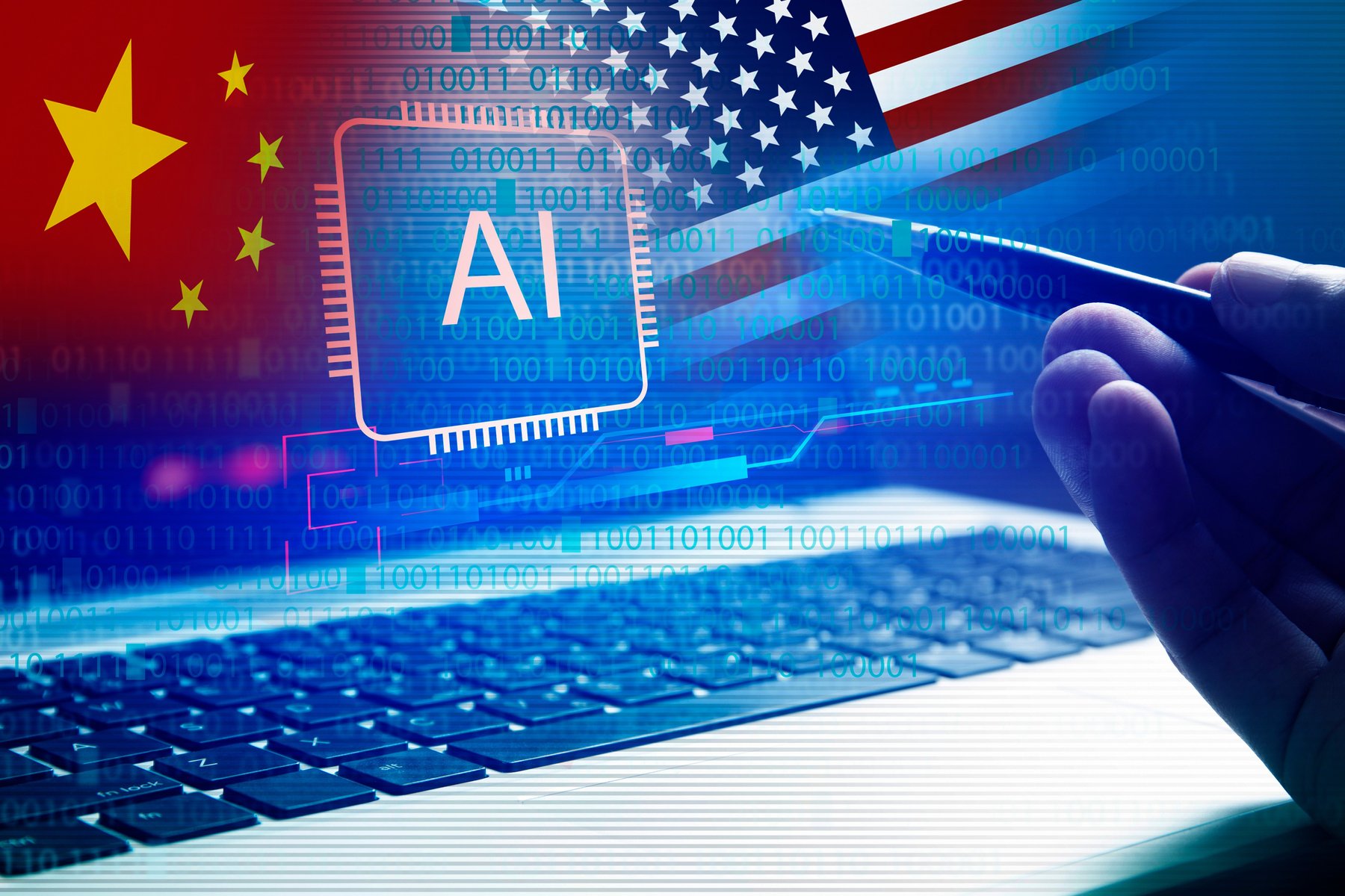 Chinese and American flags blended behind a glowing AI chip graphic over a laptop keyboard