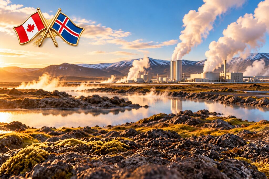 Crossed Canadian and Icelandic flag pins above a steaming geothermal power plant and mossy lava field at sunrise