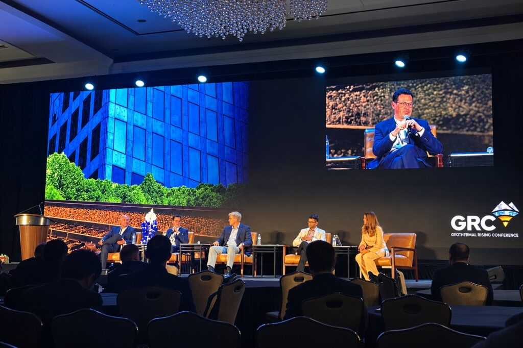 A panel discussion on stage at the 2026 Geothermal Rising Conference in Houston, Texas.