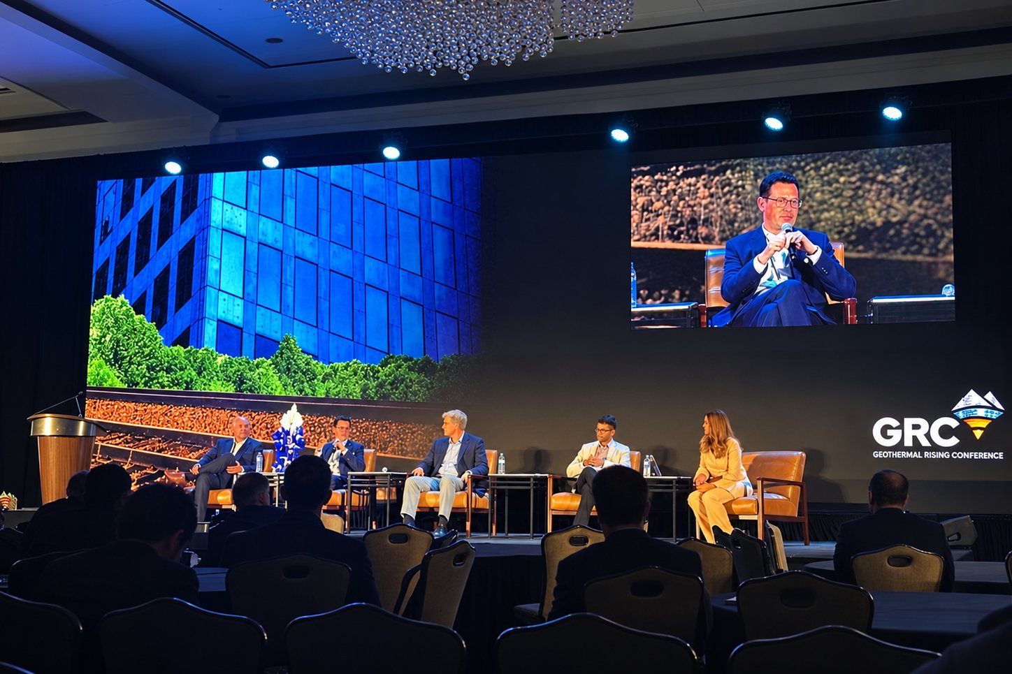 A panel discussion on stage at the 2026 Geothermal Rising Conference in Houston, Texas.